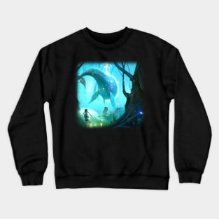 Flying whale in magical forest Crewneck Sweatshirt